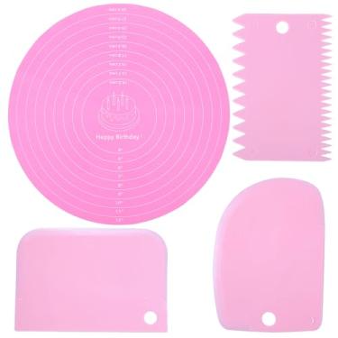 Imagem de YBEATY 4 peças de silicone para bolo, raspador rígido, raspador de massa, tapete de silicone com tigela de massa, raspadores reutilizáveis, tapetes de mesa giratória de bolo para pastelaria