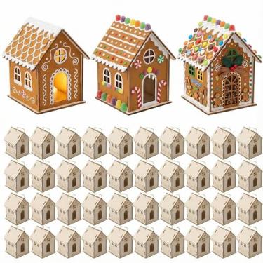Imagem de DoubleFill 48 peças de casa de pão de gengibre de madeira kit de artesanato DIY para crianças, casas de vila de Natal inacabadas com barbante, artesanato de madeira de Natal para pintar e construir