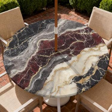 Imagem de COTAIL Toalha de mesa redonda para uso ao ar livre com zíper e orifício para guarda-chuva, toalha de mesa elástica à prova d'água a óleo, para pátio, piquenique, acampamento, jardim, serve para mesa