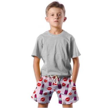 Imagem de Shorts Infantil Bermuda Calção Praia Verão Kisses Arte Batom Vermelho 
