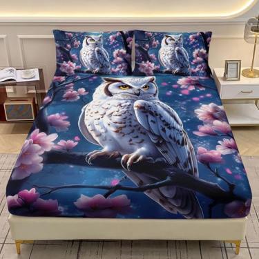 Imagem de AILONEN Jogo de lençol solteiro com estampa de coruja, flor rosa, 3 peças, para crianças, meninas, meninos, lençol com elástico e 2 fronhas