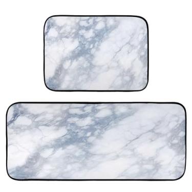 Imagem de Wassud Conjunto de 2 tapetes e tapetes de cozinha com fundo de mármore branco, impermeável, antiderrapante, para cozinha, corredor, escritório, pia, lavanderia