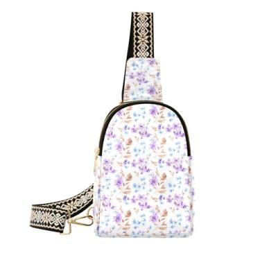 Imagem de CEBUGI Bolsa tiracolo feminina com flores roxas, bolsa tiracolo de couro, bolsa de peito para caminhadas, viagens ao ar livre