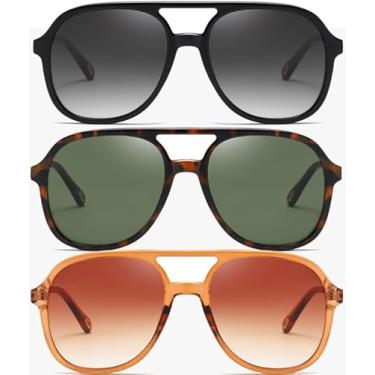 Imagem de (Pacote com 3) Óculos de sol aviador retrô para mulheres e homens, clássicos, anos 70, vintage, moderno, quadrado, aviadores, Preto brilhante + verde tartaruga + marrom escuro