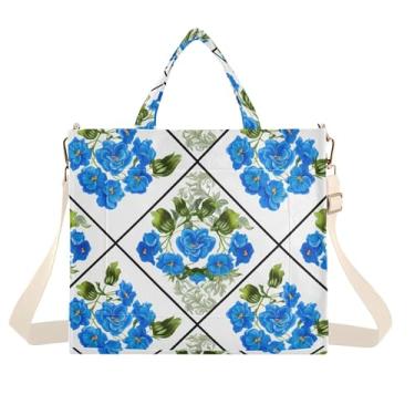 Imagem de Burbuja Sacola feminina com flores azuis em forma de treliça, bolsa tiracolo de veludo cotelê para compras, trabalho, viagens, Flores azuis em treliça moldada, Small