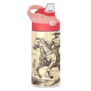 Imagem de CEBUGI Garrafas de água de equitação cowboy à prova de vazamento infantil com canudo Garrafa de água isolada a vácuo de aço inoxidável para meninos e meninas