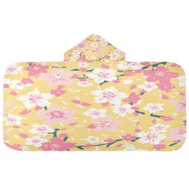 Imagem de Burbuja Toalha de banho com capuz de flores brancas rosa para crianças, toalha de praia de pelúcia macia absorvente para chá de meninas e meninos 3-10 anos, 61 x 127 cm