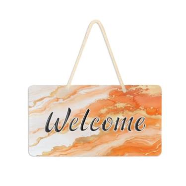 Imagem de Burbuja Placa de boas-vindas de mármore laranja para porta da frente, placa de boas-vindas de PVC para decoração de férias, 15 x 28 cm