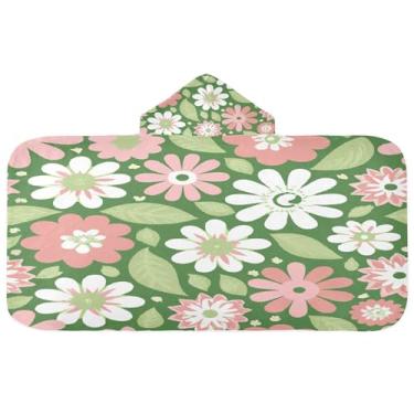 Imagem de Burbuja Toalha de banho com capuz primavera rosa flores brancas para crianças, toalha de praia de pelúcia macia absorvente para meninas meninos chuveiro 3-10 anos, 61 x 127 cm