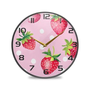Imagem de YETTASBIN Relógio de parede de acrílico Morangos - Silencioso, sem tique-taque, operado por bateria, relógio redondo decorativo criativo para cozinha, sala de estar, banheiro, decoração de escritório