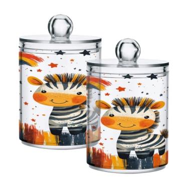 Imagem de STAYTOP 2 frascos de boticário de zebra fofa de desenho animado para banheiro com etiquetas – recipiente de armazenamento Qtip de plástico transparente para bola de algodão, cotonete, grão de café