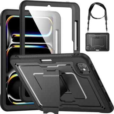 Imagem de Miimall Capa à prova de choque para iPad Pro 11 polegadas 2025/2024 (M5/M4), suporte de lápis embutido, alça de mão de 360°/alça de transporte, capa para iPad Pro 11 6ª/5ª geração, preta