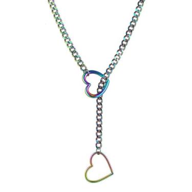 Imagem de Artmiss Colar de corrente de declaração gargantilha de elos grossos com pingente de coração de aço inoxidável pesado industrial unissex joia presente para mulheres e homens, Free size, Metal, Strass