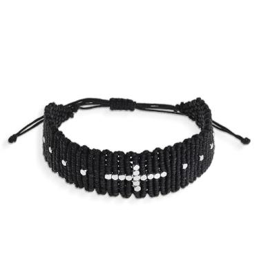 Imagem de Agriajun Pulseiras de cruz preta para homens, mulheres e meninas, feita à mão, ajustável, à prova d'água, trançada, com contas, pulseira de surfista, joia de praia, presente, 5"-11", Aço inoxidável,