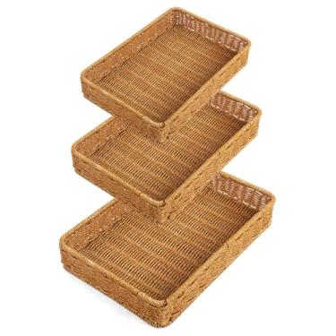 Imagem de Cesta de pão de tecido, pacote com 3 cestas de vime de frutas, cesta de pão de vime, cestas de pão de vime poli com alças para servir comida, exibição, legumes, cozinha doméstica, restaurante