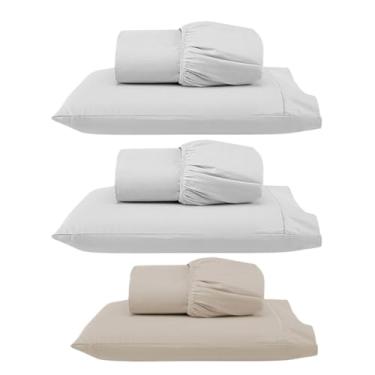 Imagem de Kit 3 Jogos de Lençol Solteiro com Elástico e Fronha Bordada em Ponto Palito, 6 Peças em Micropercal 300 Fios 100% Poliéster (Solteiro Versat(Branco/Branco/Cáqui))