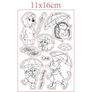 Imagem de 1 folha de carimbos transparentes de plástico PVC, estampa de animais com guarda-chuvas, carimbo de borracha transparente de silicone para fazer álbuns de fotos faça você mesmo, 16 x 11 x 0,3 cm