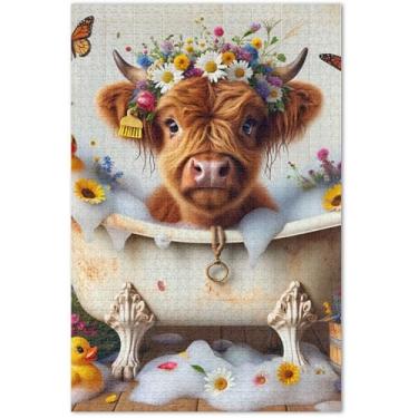 Imagem de Vaca Highland Engraçada Banhando Animal Adultos 1000 Peças Quebra-cabeça Arte Brinquedo Pintura Paisagem Quebra-cabeças Engraçados Jogos de Quebra-Cabeça, 75 x 40 cm