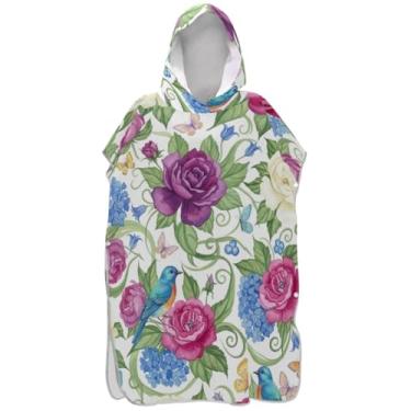 Imagem de Joisal Roupão de flor em aquarela para adultos, poncho de surfe, ponchos de praia de secagem rápida, para homens, toalha de banho com capuz