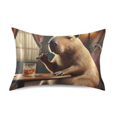 Imagem de Linda capivara Whiskey Lounge King Queen Capas de travesseiro padrão fronhas de cetim engraçadas refrescantes macias para cama king size 101,6 cm x 50,8 cm