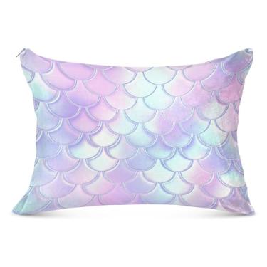 Imagem de Capas de travesseiro de flanela pastel com escamas de sereia decorativas para travesseiro padrão Queen King capa de travesseiro de corpo fofo, tamanho Queen, 50,8 cm x 76,2 cm