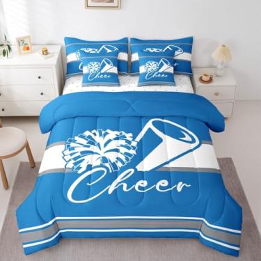 Imagem de Feelyou Jogo de edredom com 7 peças, solteiro, de líder de torcida, esportivo, para crianças, meninos, meninas, equipe de torcida, azul, cinza, microfibra macia e leve