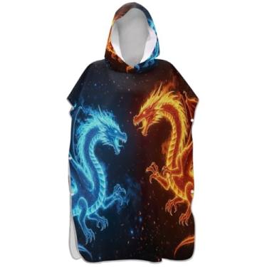 Imagem de Joisal Poncho de surfe para mudança de roupão de praia com capuz toalha floral plus size desenho animado dragões azul vermelho unissex adulto poncho com capuz