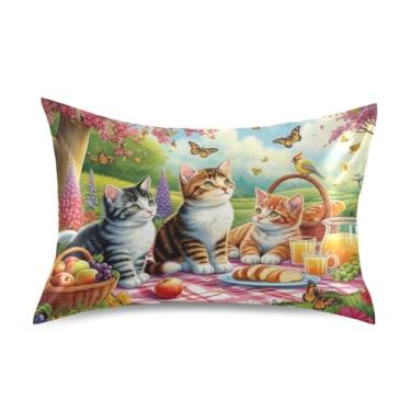 Imagem de Fronhas refrescantes estampadas luxo King Queen capas de travesseiro padrão cetim para cabelo e pele tamanho Queen 76.2 cm x 50.8 cm Cute Kitten Spring Cat Butterfly