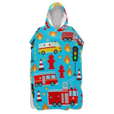 Imagem de Roupão de mudança de poncho de surfe para Adul Toalha de natação com capuz bonito ponchos adultos para mulheres bonito desenho animado caminhões de bombeiros azul