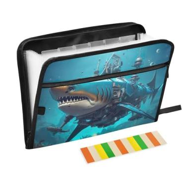 Imagem de Pastas sanfonadas de tubarão robô debaixo d'água tamanho carta A4 organizador de documentos importantes com alça organizador de recibos de negócios