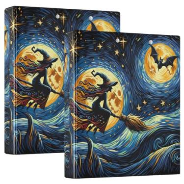 Imagem de Witch Bat Moon Starry Night Pacote com 2 fichários de 3 anéis com prancheta, material escolar universitário, prancheta de pasta com armazenamento