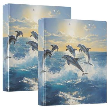 Imagem de Golfinhos saltadores, pôr do sol, pacote com 2, fichários grandes, 3 anéis com prancheta, pasta de 3 furos, pranchetas pequenas com bolsos