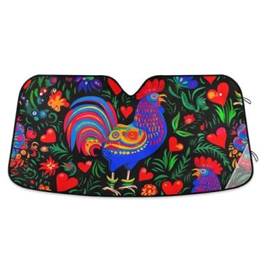 Imagem de Toldo de sol colorido de galos de arte popular para para-brisa de carro bonito personalizado retrátil acessórios de carro persianas para-brisa frontal L, 144,8 cm x 80 cm
