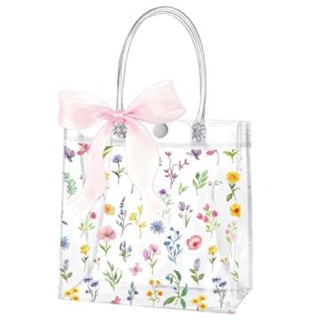 Imagem de JarThenaAMCS 24 peças de sacolas de presente de PVC transparente com rolo de fita, sacolas coloridas de lembrancinhas de flores silvestres com alça para suprimentos de primavera e férias
