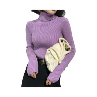 Imagem de Suéter Feminino De Tricô Grosso Com Gola Alta, Manga Longa, Ajuste Sli