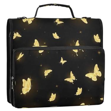 Imagem de Bolsa organizadora de fichário com zíper de borboletas douradas brilhantes com alça de ombro, 3 anéis de 3 anéis D de 3,8 cm, porta-pastas para escola ou escritório