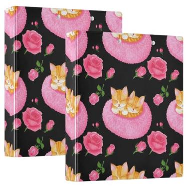 Imagem de Fichário personalizado com três anéis de flores e gatinhos laranjas 3 cm, 200 folhas, anel redondo fofo, fichário de escritório, 31,5 x 27 x 6 cm, pacote com 2