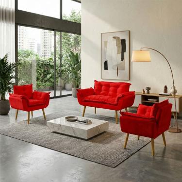 Imagem de Kit Namoradeira Decorativa E 2 Poltronas Confortável Para Sala Recepção Manicure Consultório Escritório Alice Tecido Suede