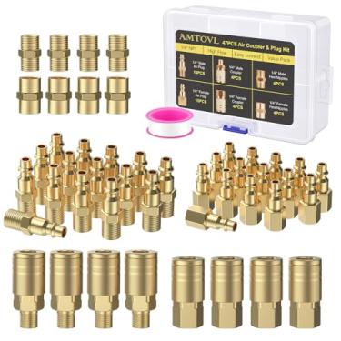 Imagem de AMTOVL Kit de acoplador de ar e plugue 47 peças – Conjunto de acessórios de mangueira de ar NPT de 1/10.2 cm, conexão rápida industrial, acessórios de compressor de ar banhado a latão e cobre para