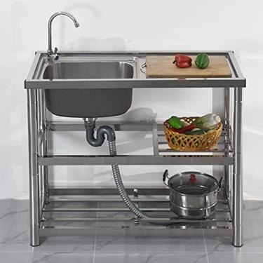 Imagem de Pia de cozinha sob montagem, pia de cozinha de aço inoxidável, pias de cozinha de tigela dupla, tigela única de aço inoxidável de pé livre, com bancada de trabalho e prateleiras de armazenamento