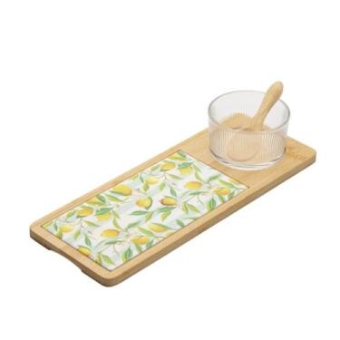 Imagem de Kit para Servir Bandeja Tábua Molheira e Colher Limão Siciliano 4 Peça