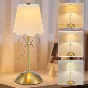 Imagem de Candeeiro de mesa sem fio com laço, luminária de mesa pequena recarregável com abajur de tecido, luminária de arco de 3 cores, lâmpadas de toque para mesa de cabeceira, luz noturna de LED para quartos