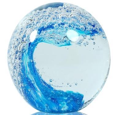 Imagem de JUYOULE Bola de vidro Ocean Wave – Presente exclusivo soprado à mão para amantes da praia, escultura de arte de 8 cm, peso de papel de vidro marinho para decoração de casa na praia e no litoral