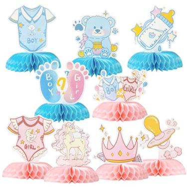 Imagem de Gender Reveal Honeycomb Centerpieces Set – 9 PCS Baby Shower Table Decorations with Unicorn, Bear, Bottle, Pacifier & Crown Designs, Includes Clear Storage Box – Boy or Girl Party Supplies