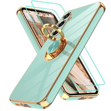 Imagem de Gritup Capa para Samsung Galaxy S23 FE | 2 peças protetoras de tela | Suporte magnético de rotação de 360°, capa protetora à prova de choque de TPU macio com borda dourada banhada a ouro para S23 FE