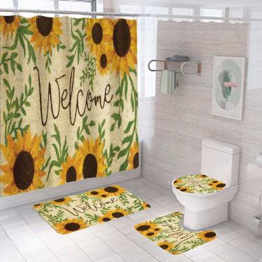 Imagem de Conjunto de cortinas de chuveiro Sunflower Welcome com tapetes de banho de 4 peças