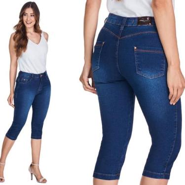 Imagem de Calça Jeans Capri Feminina HNO Cintura Alta Barra Dobrada Azul - HNO J