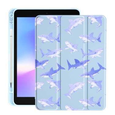 Imagem de LuGeKe Blue Shark Capa exclusiva para iPad Air de 10,9 polegadas 4/5, porta-lápis, traseira de acrílico transparente e suporte de três dobras para mulheres