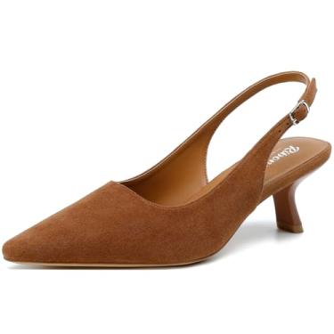 Imagem de RIBONGZ Salto gatinho feminino bico fino fechado salto baixo salto slingback fivela tiras conforto vestido sapatos namoro casamento festa de formatura trabalho, Marrom caramelo, 42