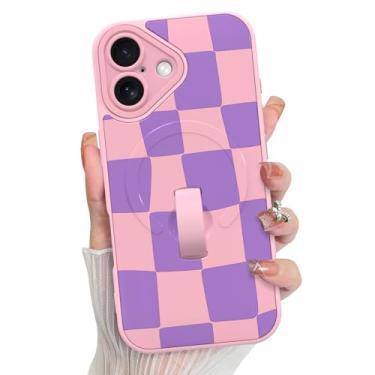 Imagem de KANGHAR Compatível com capa para iPhone 17, suporte para MagSafe, estampa fofa xadrez de silicone, suporte de pulseira, proteção para câmera, capa macia e fina para meninas e mulheres - rosa